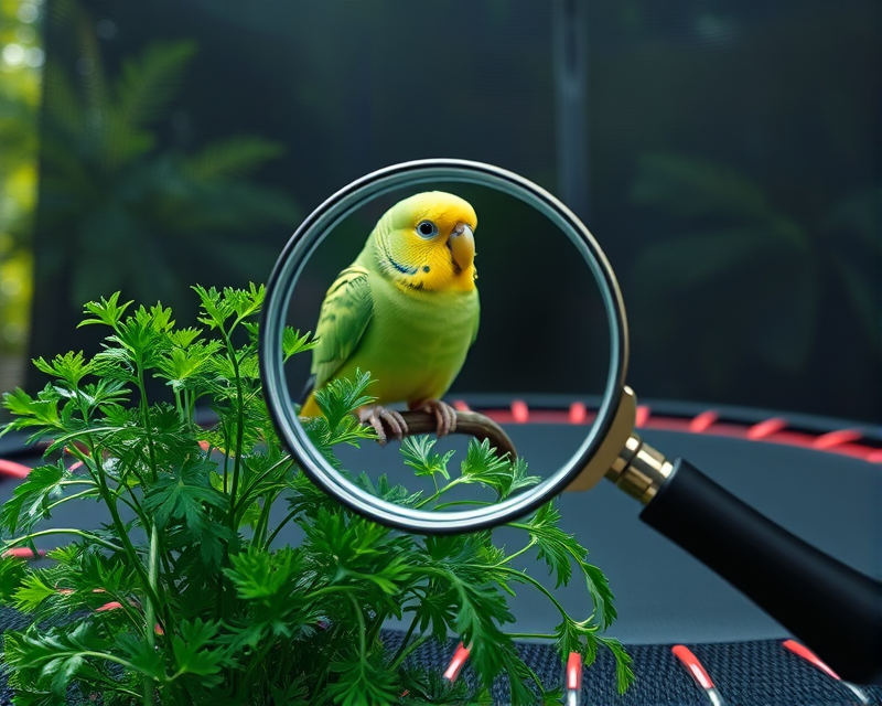 magnifying glass, parsley, trampoline, glasses, parakeet